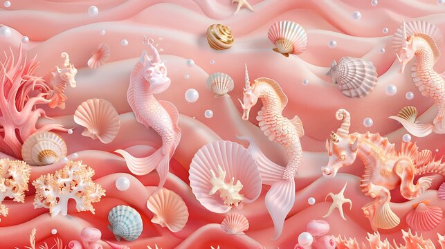 Adorable Pastel Coral Mermaid Lagoon With Seashells and Sea Creatures