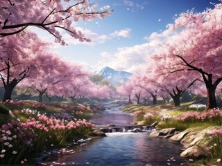 Fototapeta premium Blooming Beauty: A Breathtaking Landscape Bathed in Delicate Cherry Blossoms. A Sea of Pink Cherry Blossoms Ushers in a Season of Renewal. generative AI