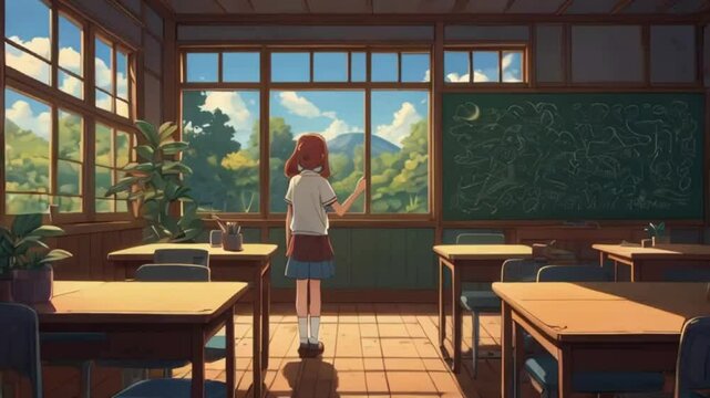 Anime Girl Looking at Chalkboard with Drawings in Empty Classroom
