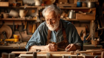 An elderly man participating in a woodworking class, carefully crafting a piece of furniture. The workshop setting, filled with tools and materials, emphasizes the importance of hands-on skills and