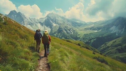 An elderly couple hiking in a picturesque mountain landscape, their faces reflecting the excitement and challenge of the trail. The stunning natural scenery and their active engagement illustrate the