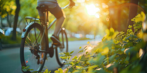 Naklejka premium A cyclist riding a bicycle through a sunlit park with green foliage and a warm glow in the background.