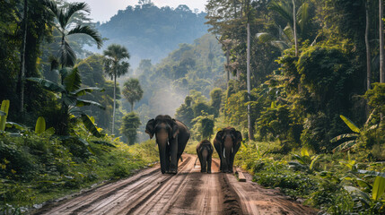 Fototapeta premium A family of elephants walking along a dirt path in a lush, green jungle with a mountainous backdrop.