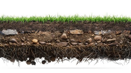 layered crosssection of soil with grass roots and rocks isolated on white background digital illustration. Scientific fields isolated on white. Photo realistic photo.