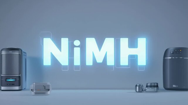 The inscription "NiMH" on a light background with icons. Concept: batteries and energy storage technologies.