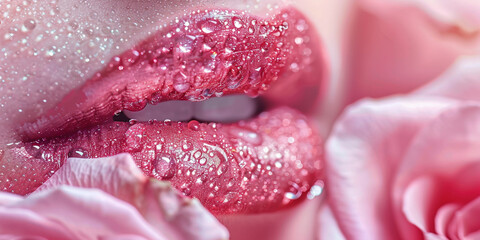 Beautiful pink lips with water drops and rose flowers, in the style of close-up.
