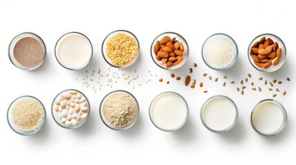 top view of glasses with different types of milk like rice, corn and almond on white background, flat lay photography. Medical specialties isolated on white. Photo realistic photo.