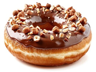 Delicious chocolate glazed doughnut topped with chopped nuts. Freshly baked and perfect for a sweet treat or dessert.