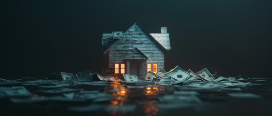 A model house with lit windows surrounded by scattered dollar bills on a dark, reflective surface. The ambiance is dim, creating a dramatic and mysterious scene