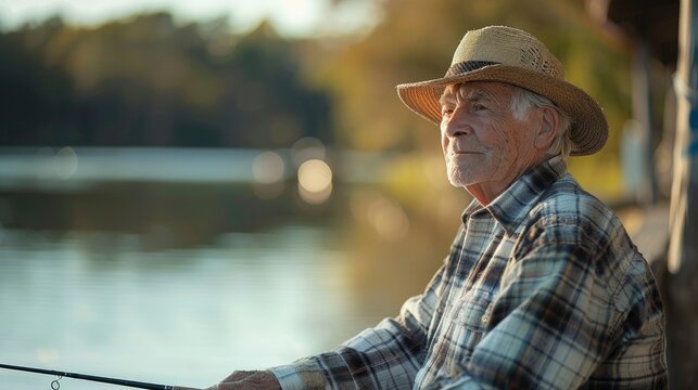 A senior man fishing off a wooden pier, his fishing rod poised and his eyes focused on the water. The calm lake setting and his patient demeanor illustrate the peaceful and reflective nature of this - Powered by Adobe
