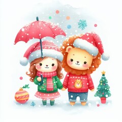 A cute lion and girl in winter clothes holding hands under a red umbrella in a snowy Christmas scene.
