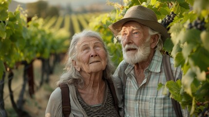 An elderly couple exploring a scenic vineyard, sampling wines and learning about the winemaking process. The picturesque vineyard setting and their engaged expressions emphasize the enjoyment of new