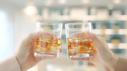 Two people are holding glasses of whiskey, toasting to each other