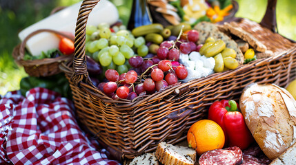 picnic basket filled with colorful fruits, fresh bread and cold cuts, creating an inviting scene for outdoor dining or social gatherings