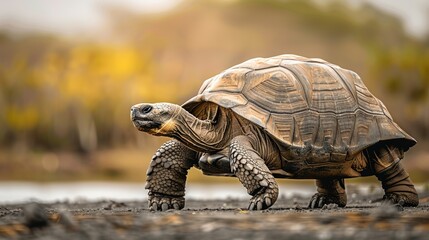 Obraz premium Giant Galapagos Tortoise Walking on Black Sand Beach in the Galapagos Islands