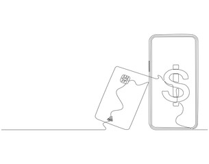 Continuous one line drawing of smartphone and credit card. One line drawing illustration of phone and bank card. Electronic money, E-commerce concept continuous line art. Editable outline.
