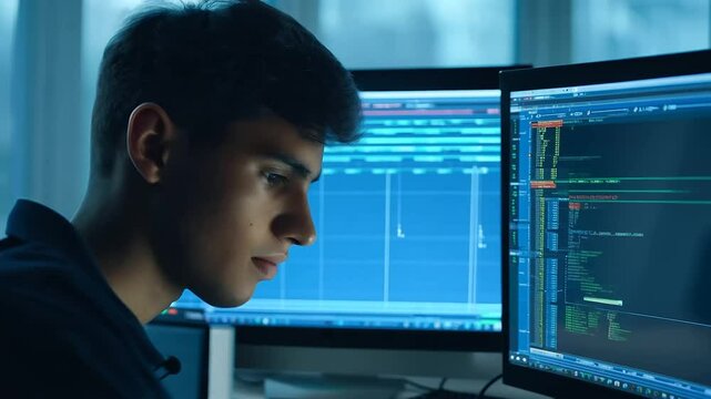 A young coder analyzing complex data on a computer screen.