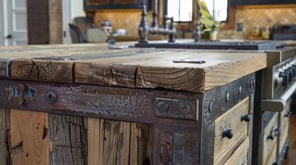 Rustic Reclaimed Wood Kitchen Island with Vintage Hardware Details