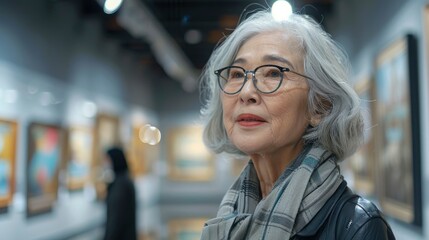 A senior woman exploring an art gallery, captivated by the paintings and sculptures on display. The elegant gallery setting and her thoughtful expression emphasize the cultural enrichment and