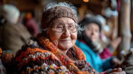 Fototapeta premium An elderly woman participating in a knitting circle, her hands skillfully working with yarn while chatting with friends. The cozy setting and collaborative activity highlight the joy of crafting and