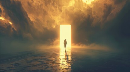 Man walking towards light through doorway. A lone individual approaches a bright entryway, shrouded in clouds, symbolizing hope and new beginnings.