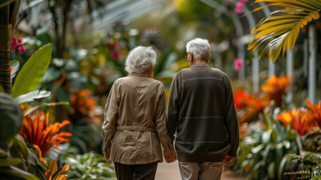 An elderly couple enjoying a leisurely walk through a botanical garden, admiring the diverse and colorful plant life. The serene setting and their relaxed expressions emphasize the therapeutic - Powered by Adobe