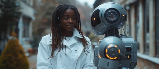 Fototapeta premium Woman Talking to a Robot in a City Street