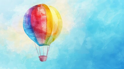 Fototapeta premium Colorful hot air balloon soaring through sky. A vibrant hot air balloon floats against a watercolor sky, capturing the essence of adventure and freedom.