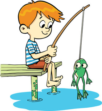 recommend clip art: boy is sitting on the pier and has caught a frog