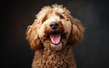 Fototapeta premium Close-Up Portraits of Happy Fluffy Dogs with Joyful Expressions on Black Backgrounds Showcasing Well-Groomed Fur and Playful Personalities