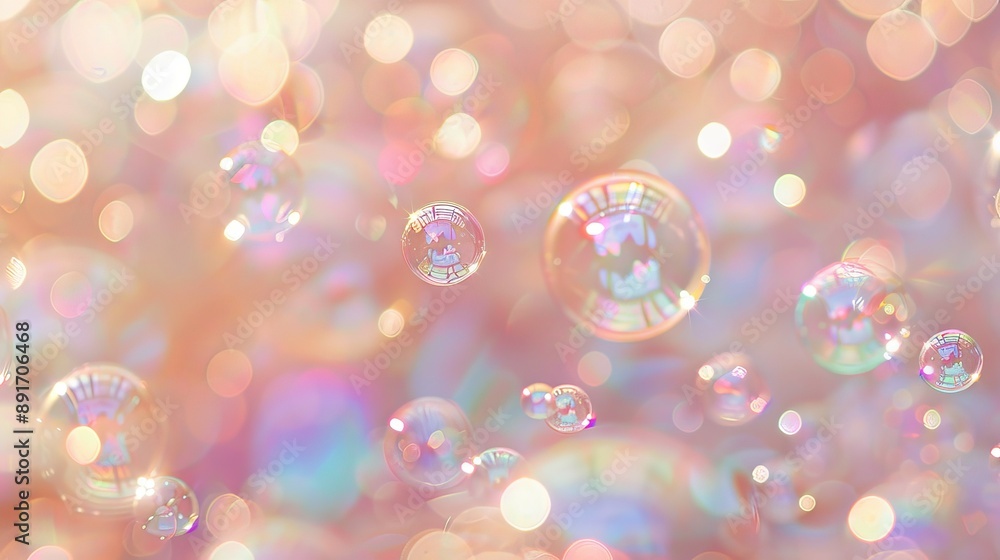 Poster rainbow bubbles bokeh background. colorful soap bubbles float against a soft pink bokeh backdrop, cr