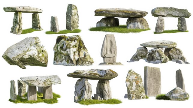 Graphical collection of dolmens and megaliths isolated on white background. Geological formations isolated on white. Photo realistic photo.