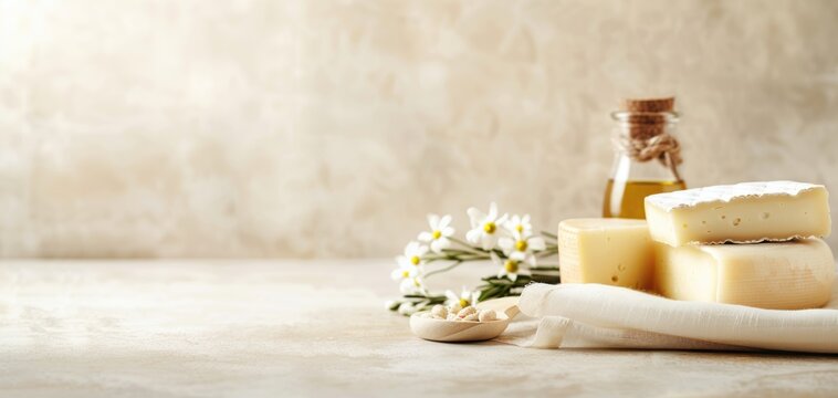 Artisan cheese displayed beautifully with flowers and olive oil on a rustic table, perfect for culinary and lifestyle themes.