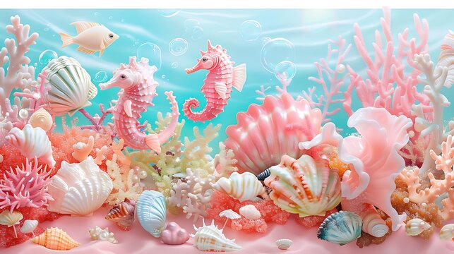 Adorable Pastel Coral Mermaid Lagoon with Seahorses and Shells - Powered by Adobe