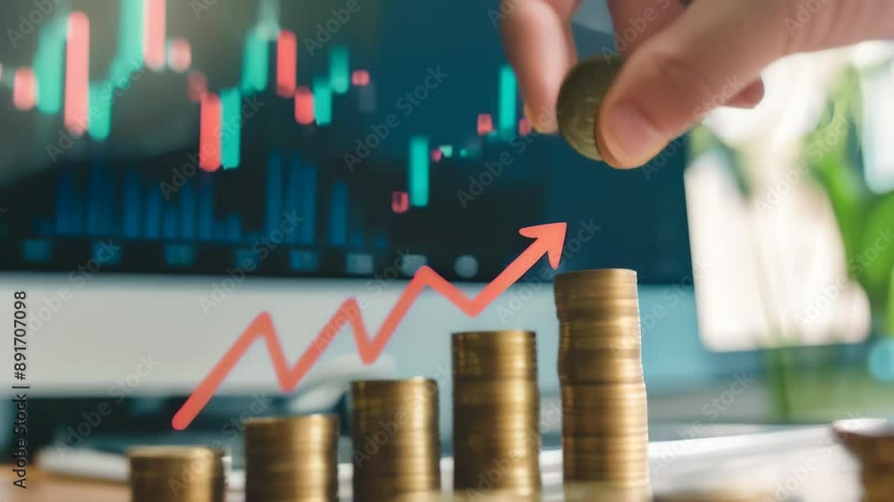 Poster close-up of a hand stacking bitcoin coins with a rising graph in the background. concept of cryptocu
