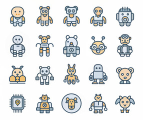 Cute robot cartoon icon character, line stoke isolated, graphic design sign