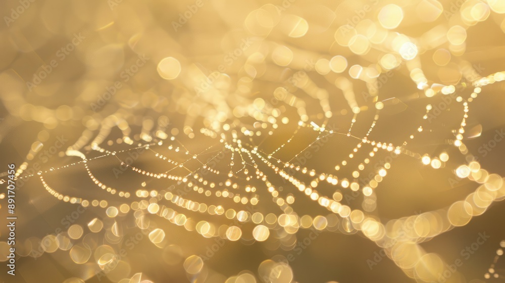 Poster golden web with dew drops. close-up shot of a spider web with glistening dewdrops on a golden backgr