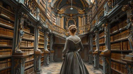 A senior woman exploring a historic library, captivated by the vast collection of books and the architectural beauty of the space. The elegant setting and her thoughtful expression emphasize the
