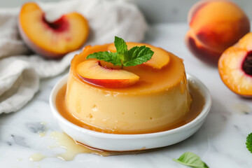 caramel flan with a peach slice topping and mint on a white dish