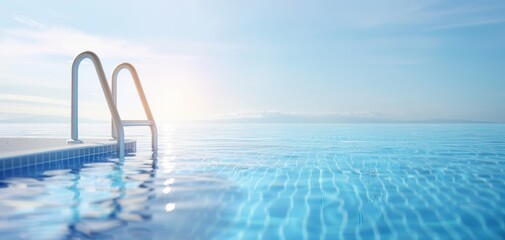 Obraz premium A tranquil swimming pool reflecting the clear blue sky, inviting relaxation and serenity under the sun.
