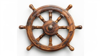 Vintage wooden ship steering wheel isolated on white background, showcasing nautical maritime craftsmanship and design. © Suphakorn