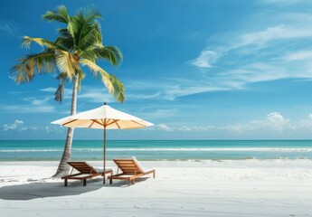 Fototapeta premium beautiful beach with palm trees and chairs, blue sky, sun shining on the white sand