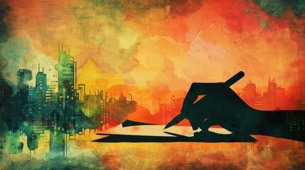 Hand writing on paper with cityscape background. Watercolor painting of a hand writing on a blank piece of paper with a silhouette of a cityscape behind it.
