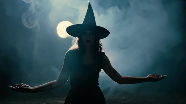 A witch emerging from smoke against the background of the moon. Concept: magic and Halloween