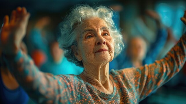 An elderly woman attending a fitness class, participating in light aerobics alongside a diverse group of people. The energetic and supportive atmosphere highlights the benefits of staying active and