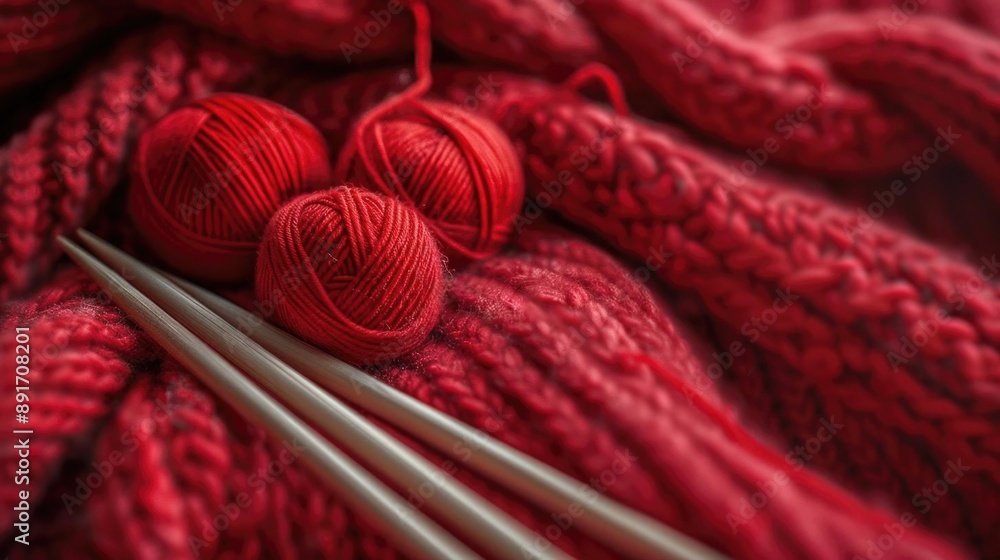Poster artistic red background featuring an abstract pattern of lines and shapes reminiscent of knitting ne