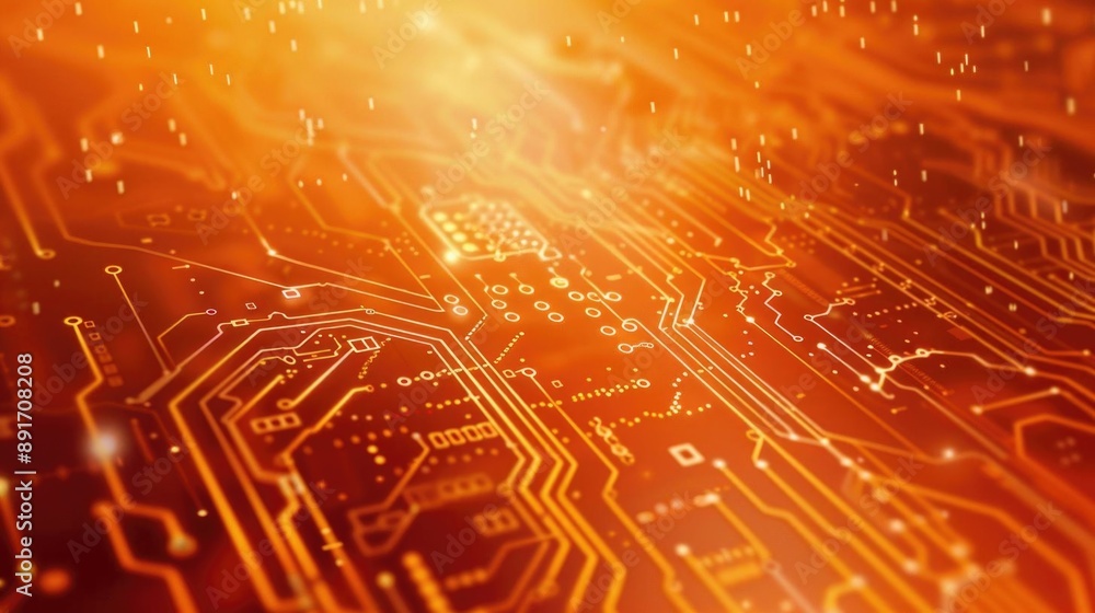 Poster modern orange cyber background with intricate interconnected circuit chips, creating a vibrant and f