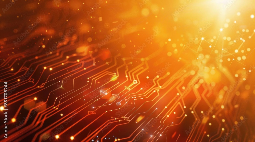 Poster orange cyber background with interconnected circuit chips, creating a high-tech and futuristic visua