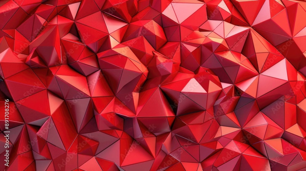 Poster geometric red polygonal abstraction, emphasizing a modern and vibrant aesthetic with angular shapes.