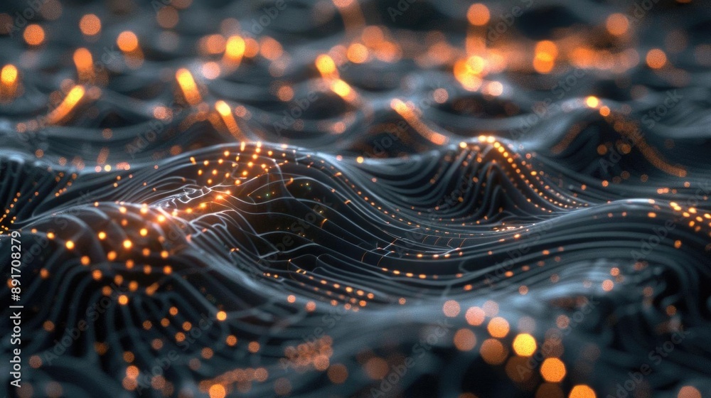 Poster abstract representation of cyber synapses and ai neural networks, featuring interconnected nodes and